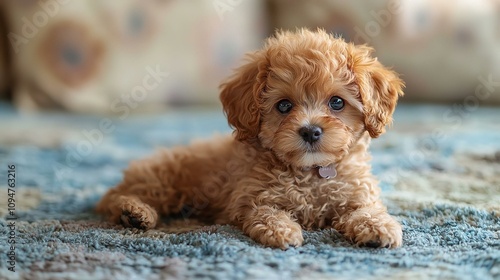 Playful puppy cuddling on soft rug cozy living room pet photography indoor adorable moment