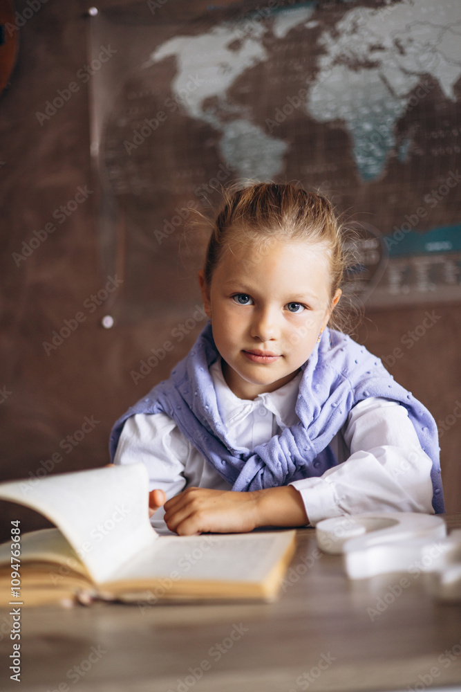Little schoolgirl sitting at the desk in classroom and writing in notebook Little schoolgirl sitting at the desk in classroom and writing in notebook