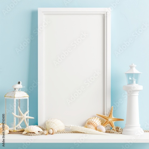 Decorative seaside display with empty frame photo