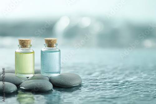 Bottles of skincare oils on smooth stones, reflecting tranquility and wellness. Perfect for spa or relaxation themes photo