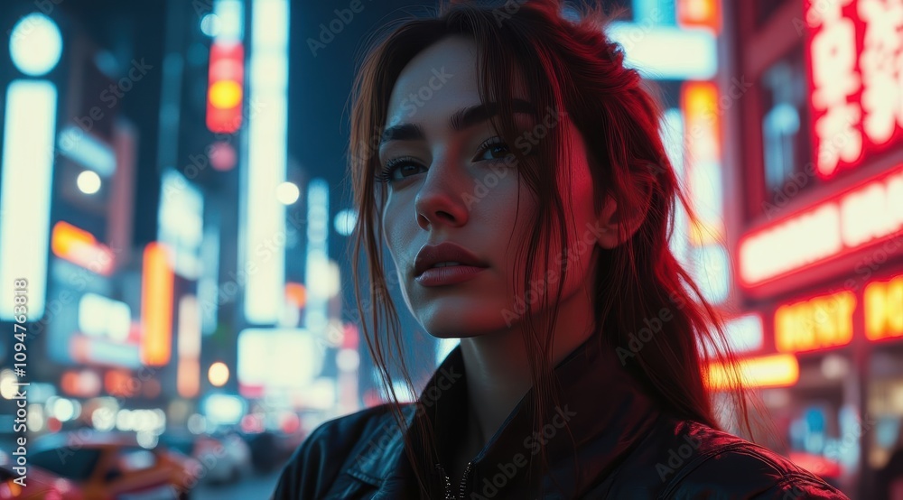 Young woman in neon-lit cityscape evening Young woman in neon-lit cityscape evening
