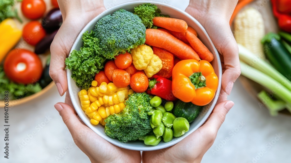 A bowl of fresh, colorful vegetables held by two hands, showcasing healthy eating, AI A bowl of fresh, colorful vegetables held by two hands, showcasing healthy eating, AI