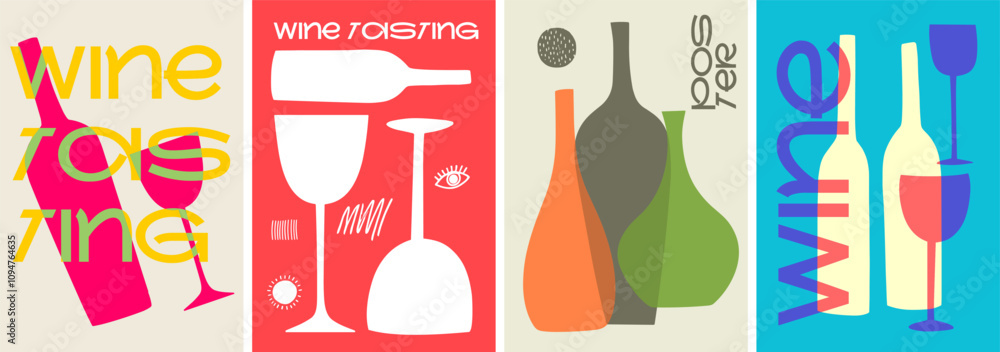 Fototapeta premium A playful set of wine posters with bright colors, modern typography, and abstract bottle and glass illustrations, perfect for wine tasting events and branding.