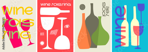 A playful set of wine posters with bright colors, modern typography, and abstract bottle and glass illustrations, perfect for wine tasting events and branding.