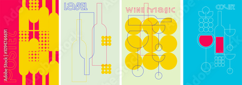 A modern and vibrant set of wine posters showcasing minimalist patterns, bottles, glasses, and creative typography, ideal for menus, banners, and wine events.