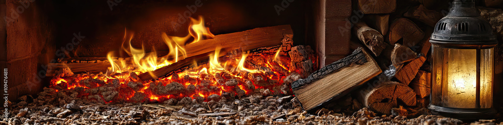 A fireplace with flickering tongues, next to a pile of natural wood fragments and a vintage lantern. A fireplace with flickering tongues, next to a pile of natural wood fragments and a vintage lantern.