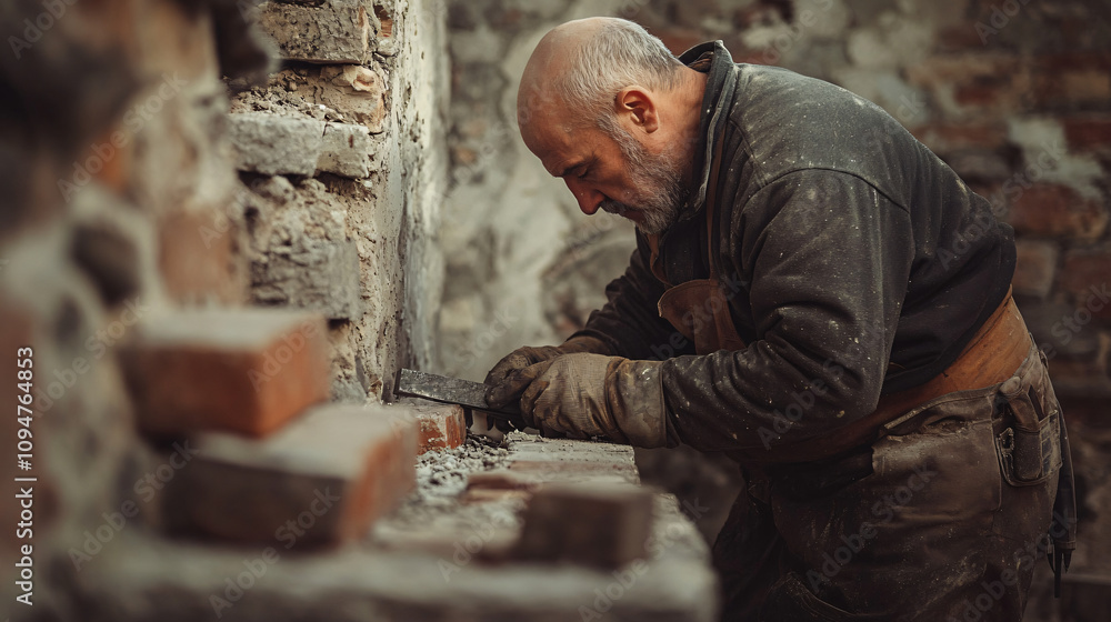 Bricklayer repairing an old stone facade, blending modern tools with classic techniques. Bricklayer repairing an old stone facade, blending modern tools with classic techniques.