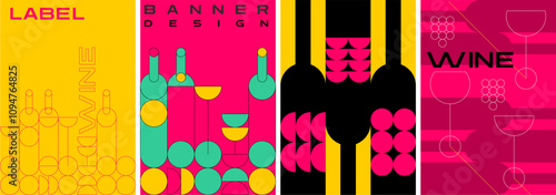 A bold and vibrant set of wine posters featuring geometric designs, abstract patterns, and modern typography, ideal for labels, banners, and wine events.