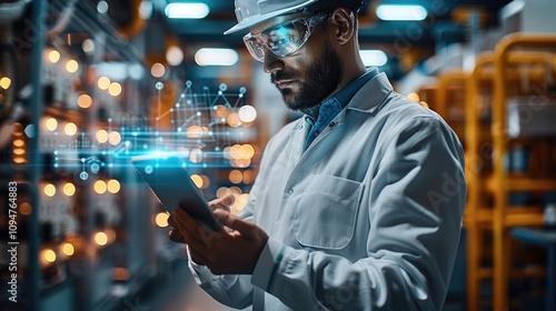 Engineer or technician in professional attire holding a glowing tablet or blueprint that seems to illuminate the surroundings, symbolizing innovation and opportunity. The background features clean.