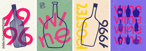 A sleek and modern set of wine posters featuring bold typography, abstract bottle shapes, and retro-inspired designs, ideal for creative branding and events.