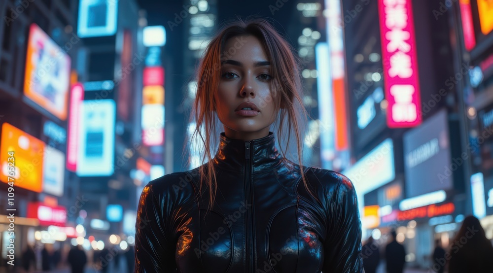 Young woman in futuristic cityscape at night Young woman in futuristic cityscape at night