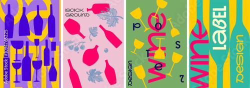 A modern and colorful set of wine posters featuring bold illustrations, abstract patterns, and playful typography, perfect for labels, banners, and creative events.