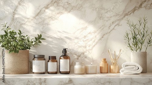 serene bathroom shelf featuring various skincare products, candles, and plants, all set against beautiful marble backdrop. arrangement creates calming atmosphere