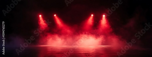  Free stage with lights and smoke, Empty stage with red spotlights, conser, show, party, Presentation concept. Red spotlight strike on black background  photo