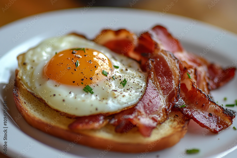 Eggs and bacon in plate with toast on table generated.AI Eggs and bacon in plate with toast on table generated.AI