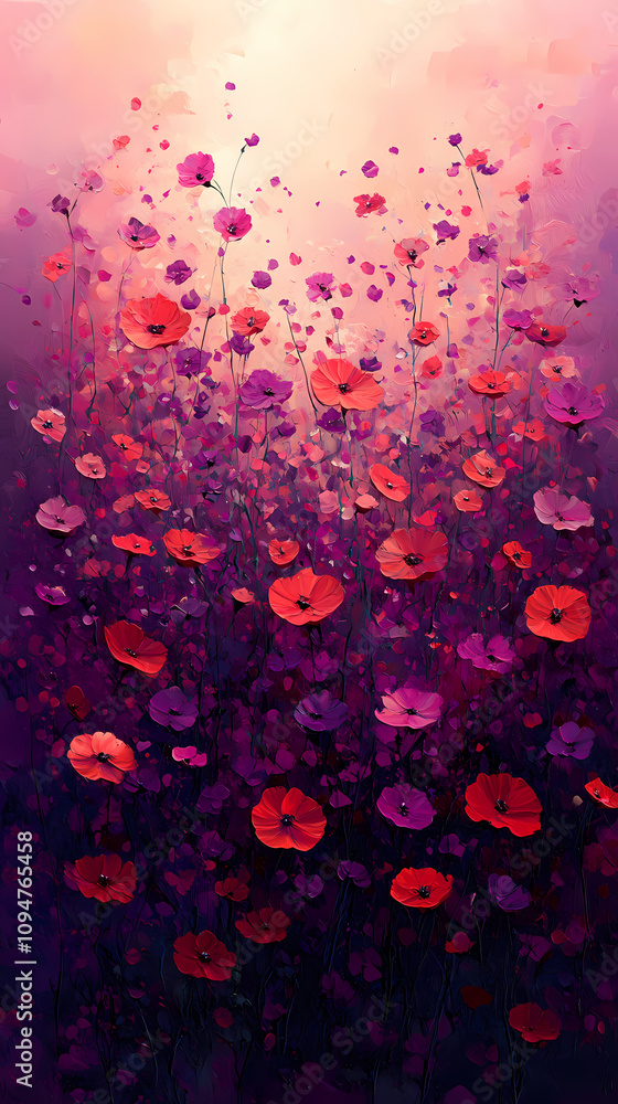There are pointillisms, reds, purples, pulses, noises, and background colors There are pointillisms, reds, purples, pulses, noises, and background colors