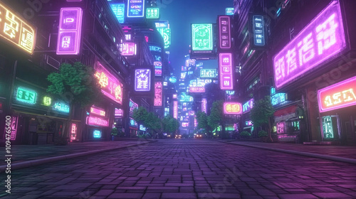 Neon-Lit City Street at Night