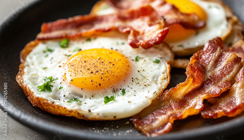 Eggs and bacon in plate with toast on table generated.AI