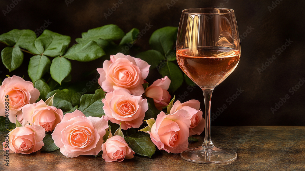 Romantic setting featuring pink roses and a glass of rosé wine for Valentine's Day celebration Romantic setting featuring pink roses and a glass of rosé wine for Valentine's Day celebration