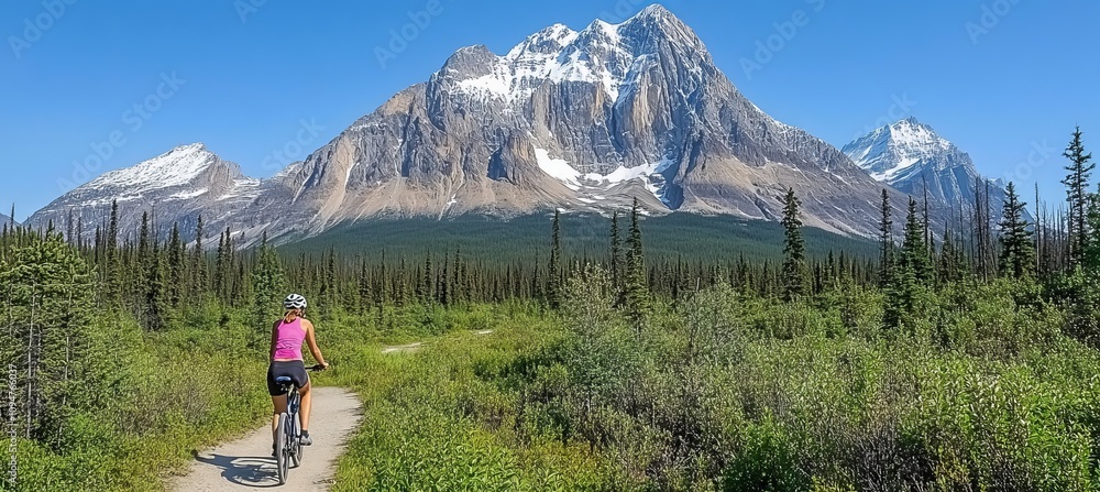 Fototapeta premium Woman Explores Wilderness On Bicycle, Majestic Peaks And Lush Forests Frame Her Journey.