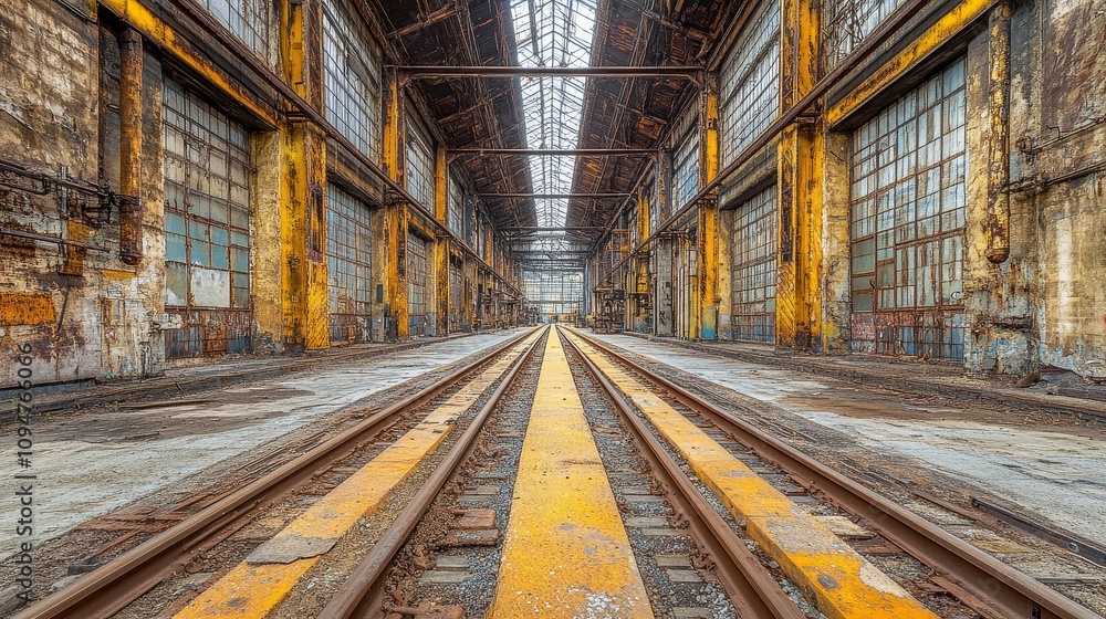 Obraz premium Abandoned Industrial Railroad Tracks in a Ruined Building