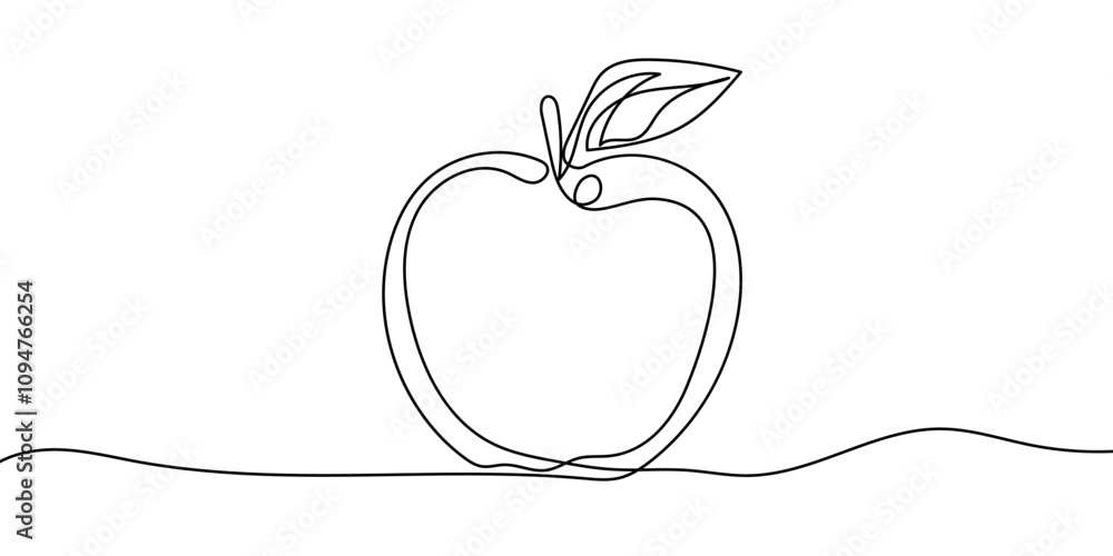 Apple with leaf continuous one line drawing, Black and white vector minimalist linear illustration made of single line Apple with leaf continuous one line drawing, Black and white vector minimalist linear illustration made of single line