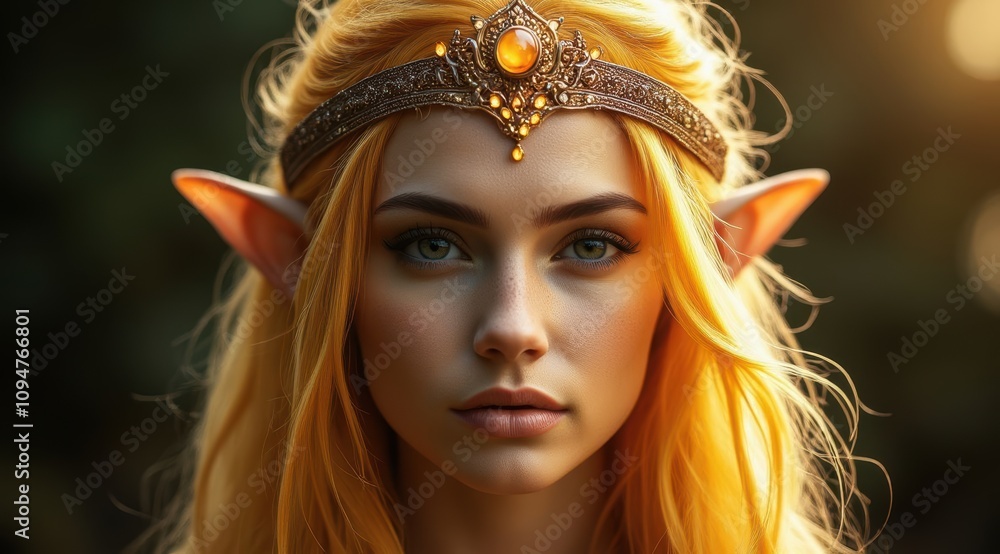 Golden-haired elven woman with intricate crown Golden-haired elven woman with intricate crown