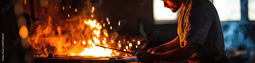 A blacksmith at work, with a burning furnace in the background. A blacksmith at work, with a burning furnace in the background.