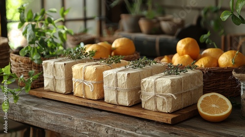 Beautifully wrapped gifts surrounded by fresh fruits and greenery