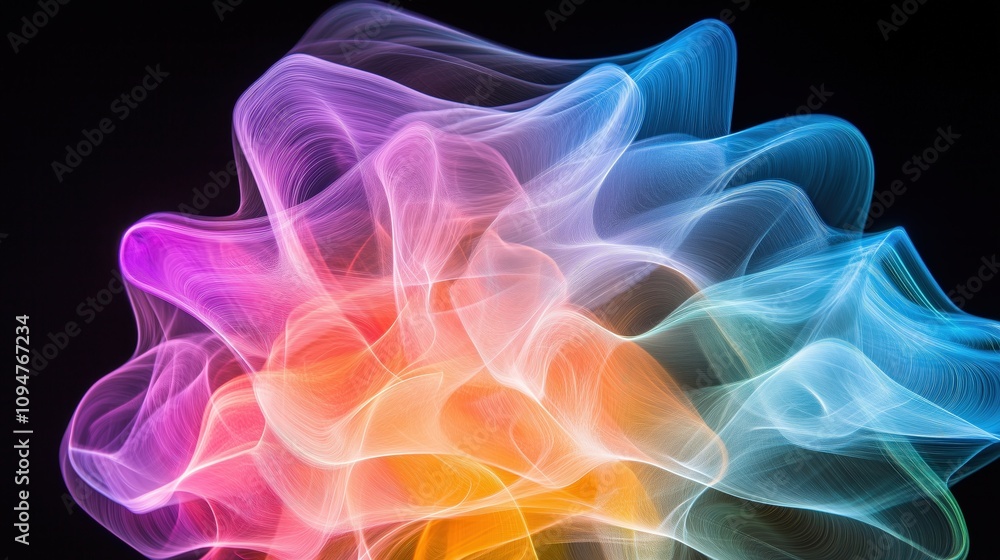Obraz premium A colorful, abstract wave of light and shapes, blending vibrant hues in a fluid, mesmerizing design against a dark background.