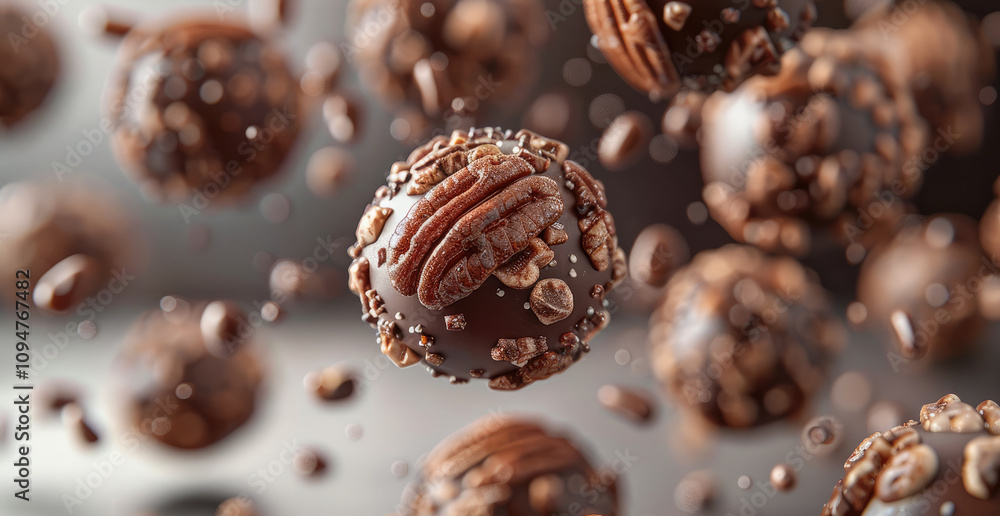 A collection of pecan balls with chocolate pecan nuts with crispy chocolate, floating in the air. A collection of pecan balls with chocolate pecan nuts with crispy chocolate, floating in the air.