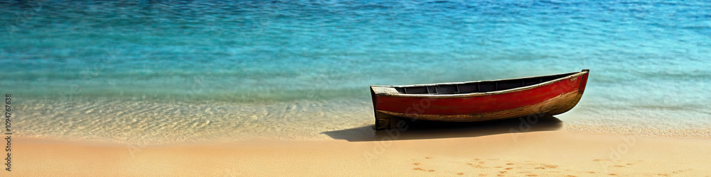 An empty sandy beach with a quaint little wooden boat resting on the shore. An empty sandy beach with a quaint little wooden boat resting on the shore.