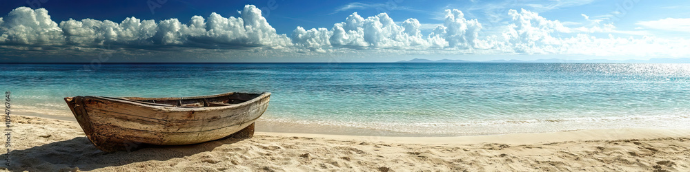 An empty sandy beach with a quaint little wooden boat resting on the shore. An empty sandy beach with a quaint little wooden boat resting on the shore.