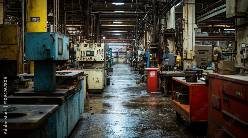 A long, narrow factory floor with industrial machinery and a wet floor A long, narrow factory floor with industrial machinery and a wet floor