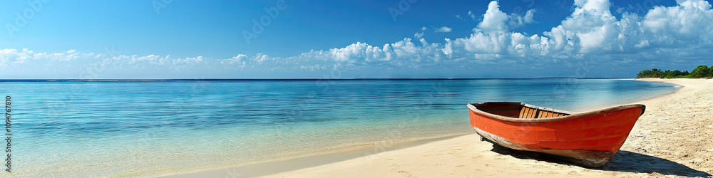 An empty sandy beach with a quaint little wooden boat resting on the shore. An empty sandy beach with a quaint little wooden boat resting on the shore.