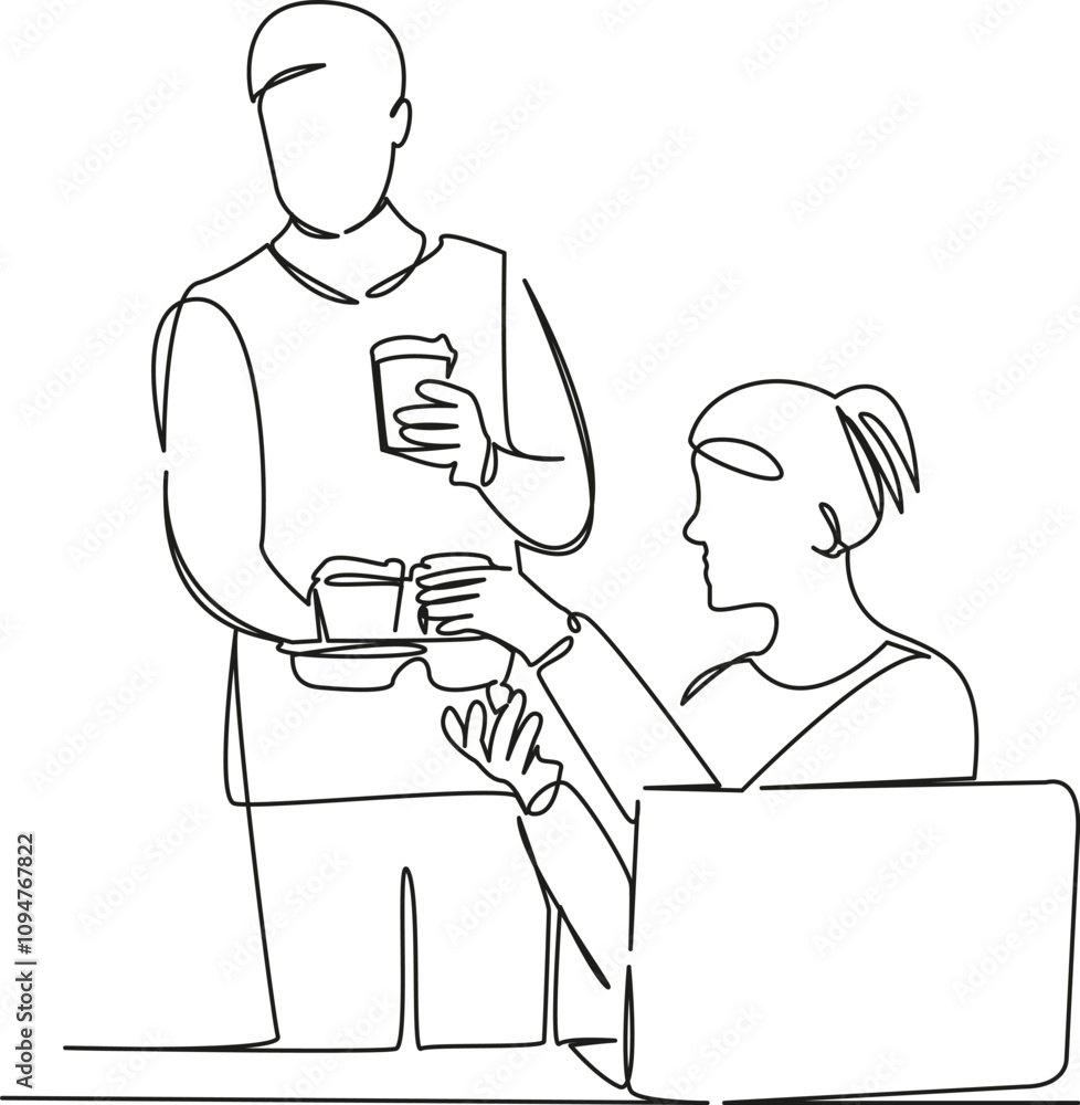 One continuous single drawing line art flat doodle people at work drinking coffee, takeaway coffee, pick-me-up drink, coffee break. Isolated image hand draw contour on a white background, hand drawn, One continuous single drawing line art flat doodle people at work drinking coffee, takeaway coffee, pick-me-up drink, coffee break. Isolated image hand draw contour on a white background, hand drawn,