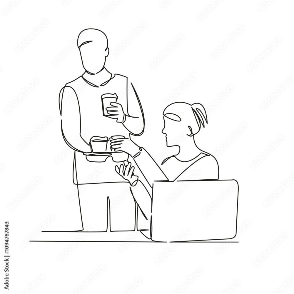 One continuous single drawing line art flat doodle people at work drinking coffee, takeaway coffee, pick-me-up drink, coffee break. Isolated image hand draw contour on a white background, hand drawn, One continuous single drawing line art flat doodle people at work drinking coffee, takeaway coffee, pick-me-up drink, coffee break. Isolated image hand draw contour on a white background, hand drawn,