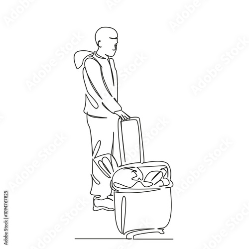 One continuous single drawing line art flat doodle man with a basket of groceries in a supermarket buying groceries basket with groceries. Isolated image hand draw contour on a white background, hand 
