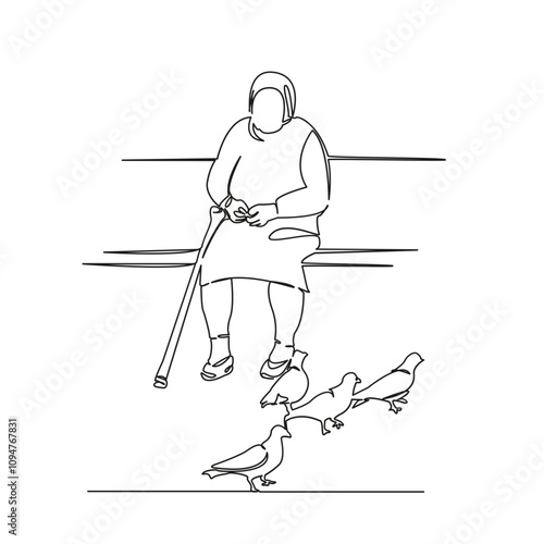 One continuous single drawing line art flat doodle an elderly lady sits on a bench and feeds pigeons, care, old age, rest, business. Isolated image hand draw contour on a white background, hand drawn