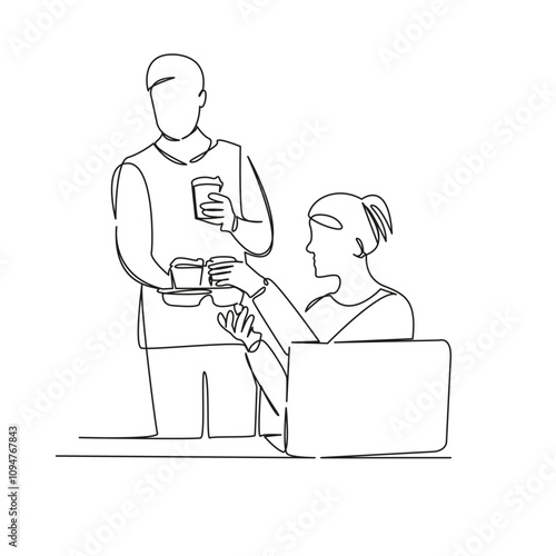 One continuous single drawing line art flat doodle people at work drinking coffee, takeaway coffee, pick-me-up drink, coffee break. Isolated image hand draw contour on a white background, hand drawn, 