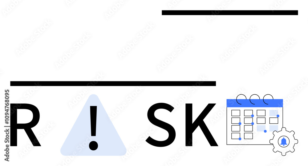 Text RISK with exclamation mark in triangle replacing I, blue calendar icon with gear and bell. Ideal for project planning, risk assessment, task management, corporate strategy, workflow improvement Text RISK with exclamation mark in triangle replacing I, blue calendar icon with gear and bell. Ideal for project planning, risk assessment, task management, corporate strategy, workflow improvement