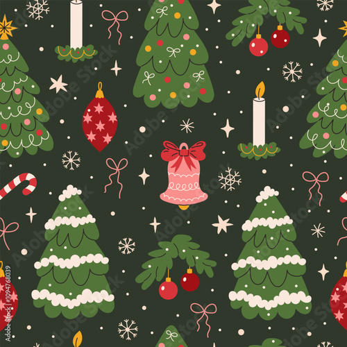 Vintage Christmas and Happy New Year seamless pattern. Xmas holiday background with hand drawn Christmas trees and decorations, candles, bows, stars, snowflakes, candy cane. Vector flat illustration.