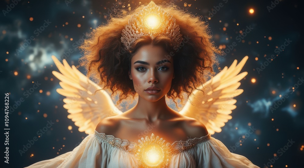 Ethereal angelic figure with glowing wings Ethereal angelic figure with glowing wings