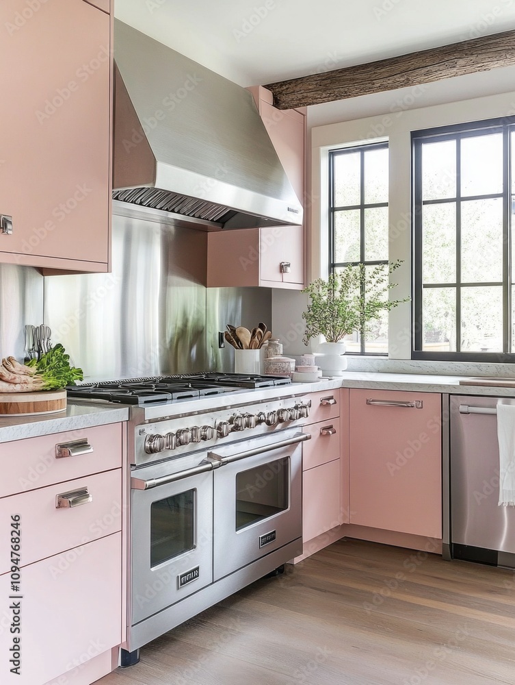 Fototapeta premium Stylish Pink Kitchen With Stainless Steel Appliances