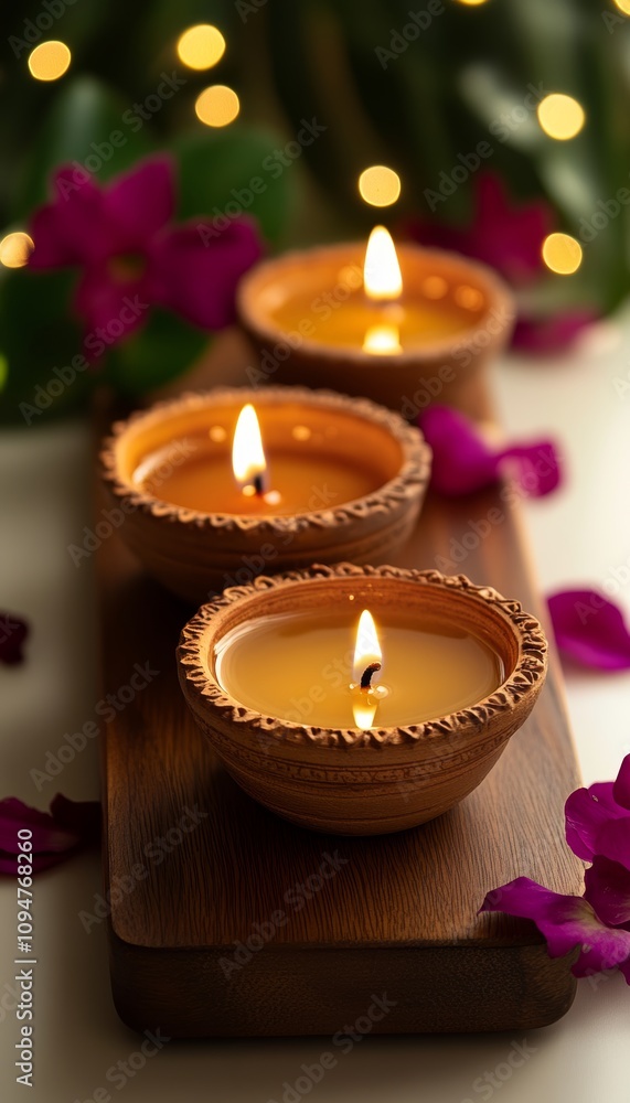 Diwali Festival of Lights, Clay Oil Lamps on Wooden Tray with Festive Bokeh Background Diwali Festival of Lights, Clay Oil Lamps on Wooden Tray with Festive Bokeh Background