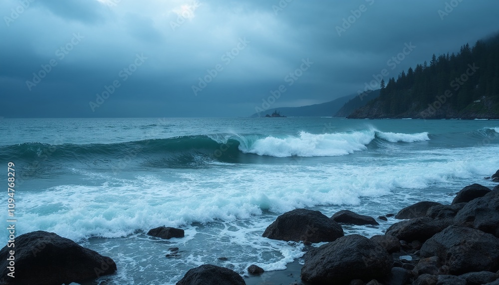 A dramatic seascape, moody atmosphere, crashing waves, on rugged rocks under turbulent sky A dramatic seascape, moody atmosphere, crashing waves, on rugged rocks under turbulent sky