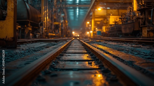 A Perspective of Train Tracks Leading into a Dimly Lit Industrial Area