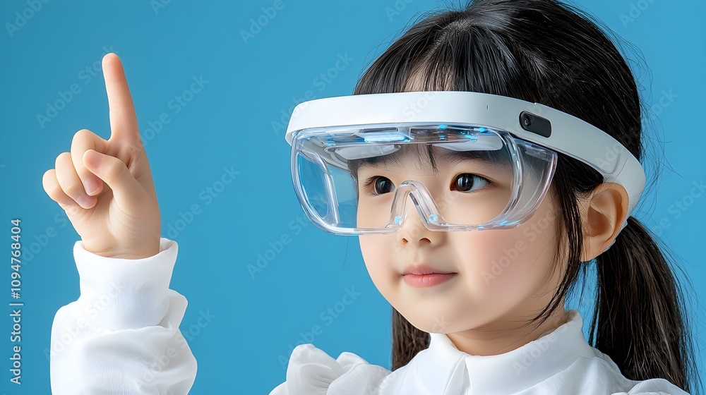 Young girl wearing smart glasses with a curious expression Young girl wearing smart glasses with a curious expression