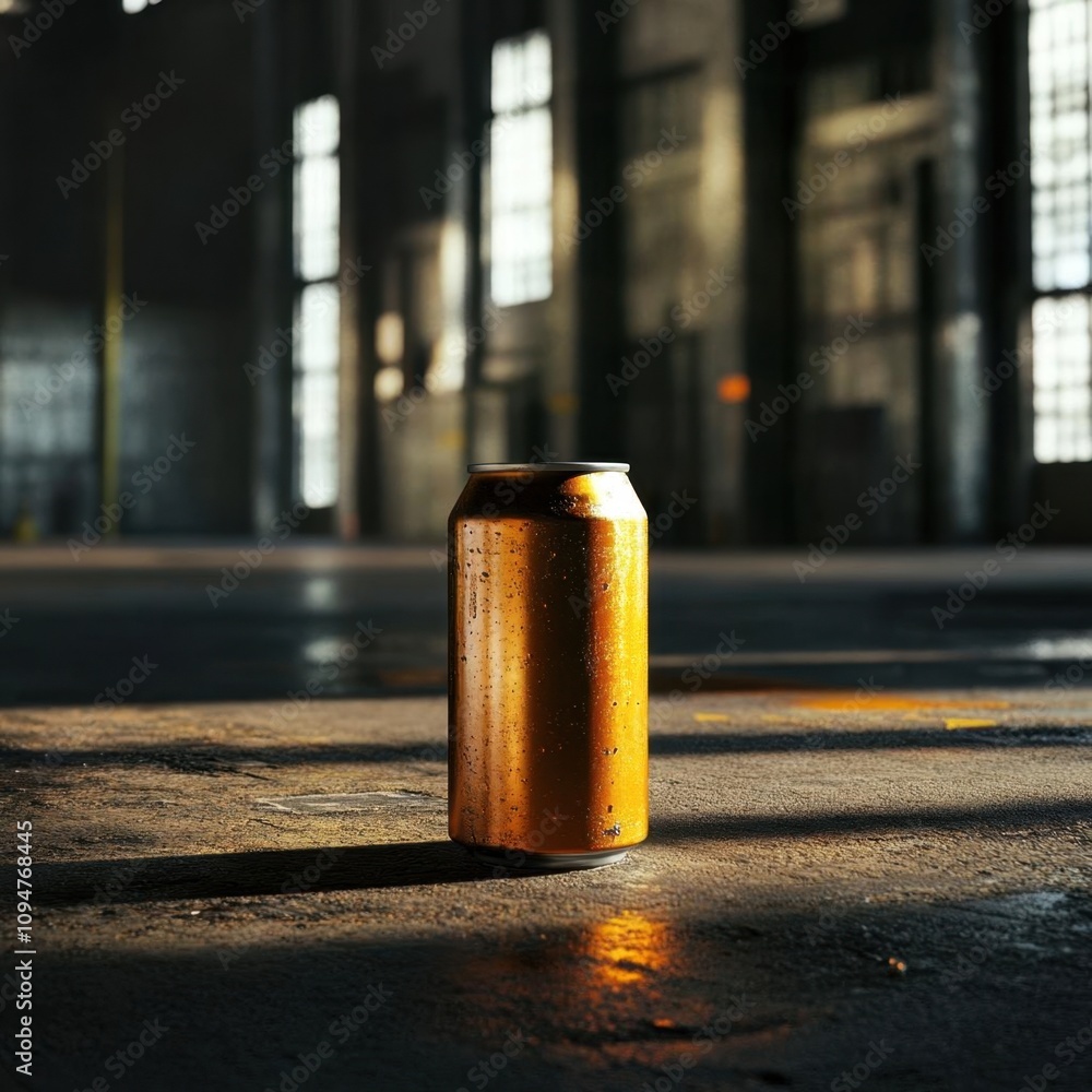 Golden Aluminum Can on Concrete Floor with Industrial Background Golden Aluminum Can on Concrete Floor with Industrial Background