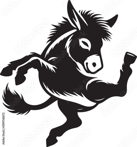 A playful donkey kicking its back legs in the air vector silhouette